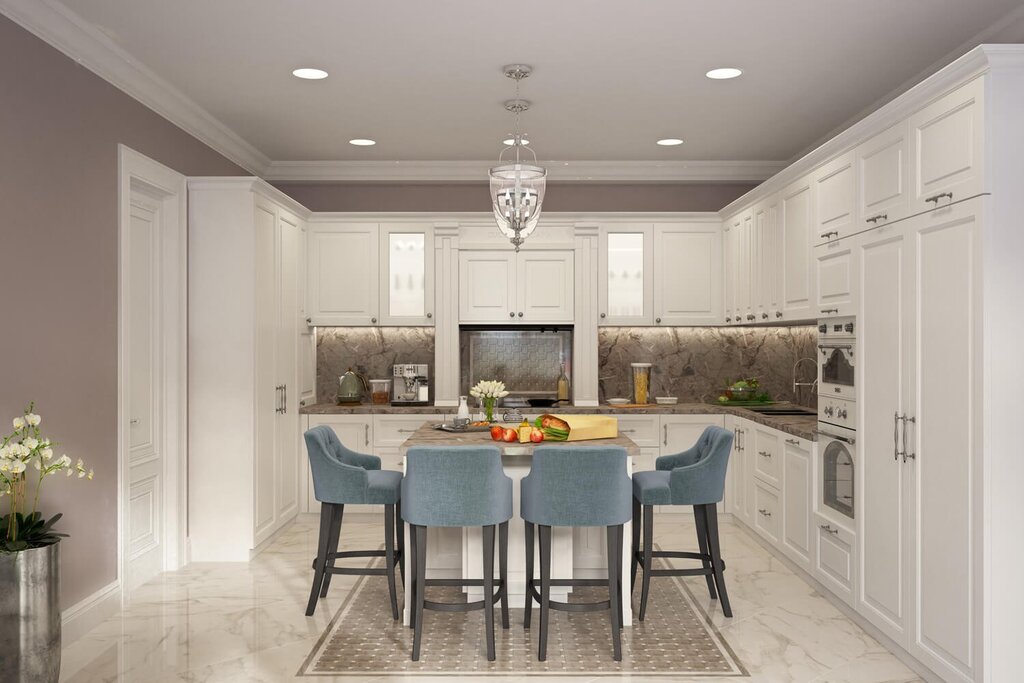 White neoclassical kitchen in the interior