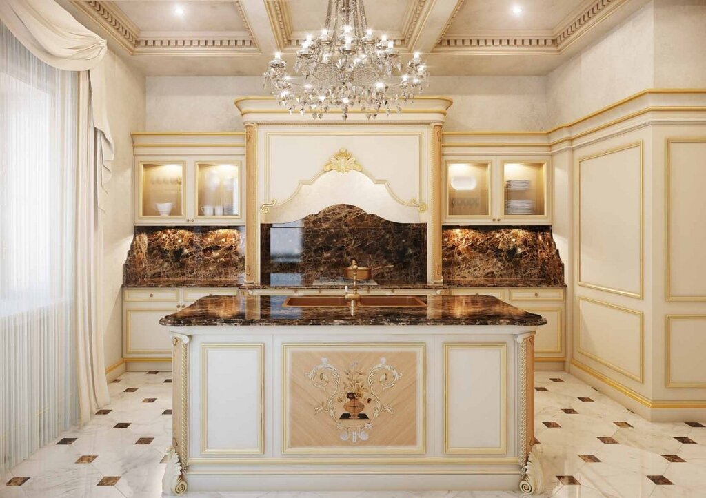 White kitchen with gold in the interior