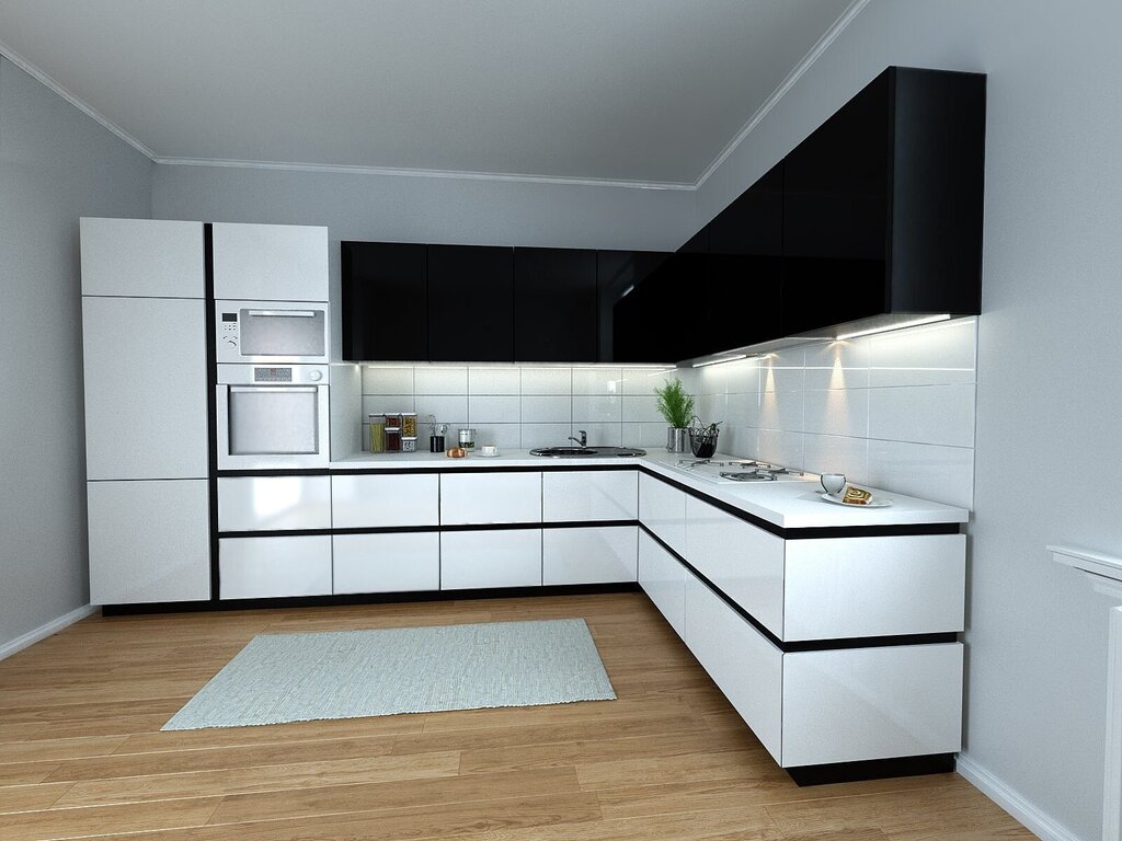 Белая матовая кухня с черной столешницей