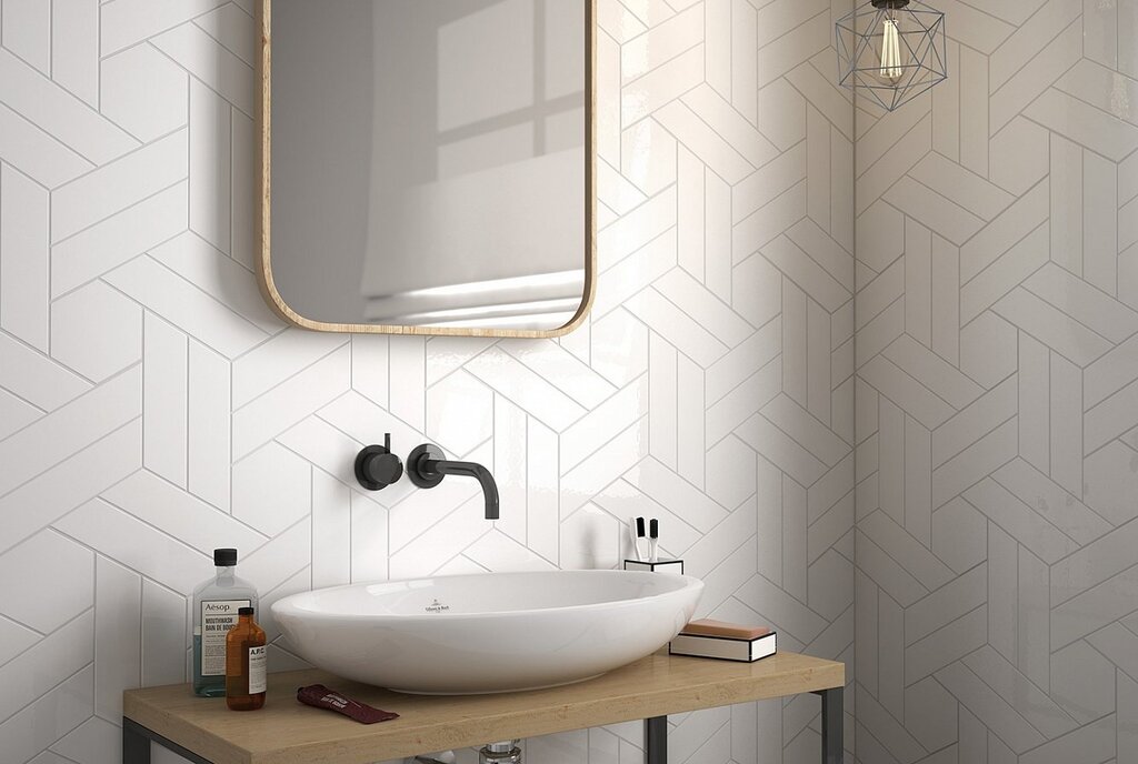 White herringbone tile in the bathroom