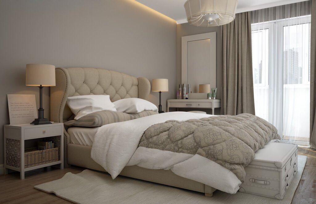 Beige bed in the bedroom interior