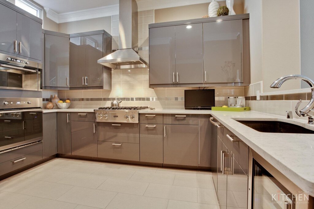 Beige kitchen with a gray countertop