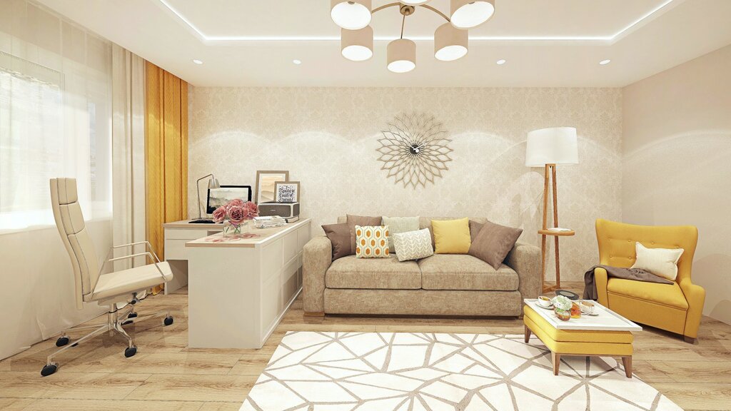 Beige wallpaper in the living room interior