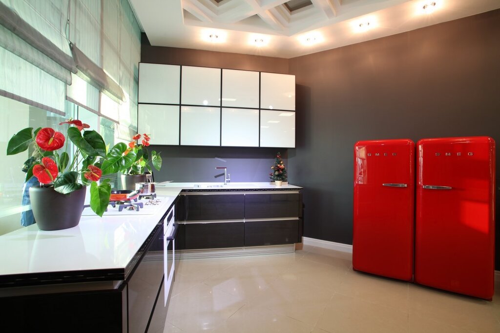 A burgundy refrigerator in the interior