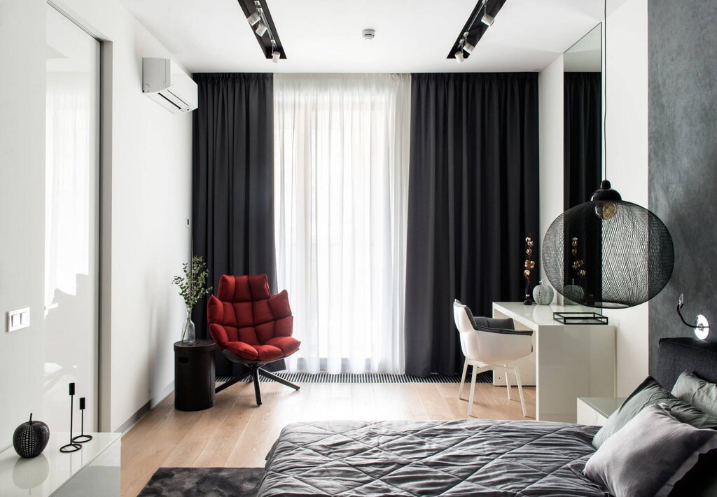 Black curtains in the living room interior