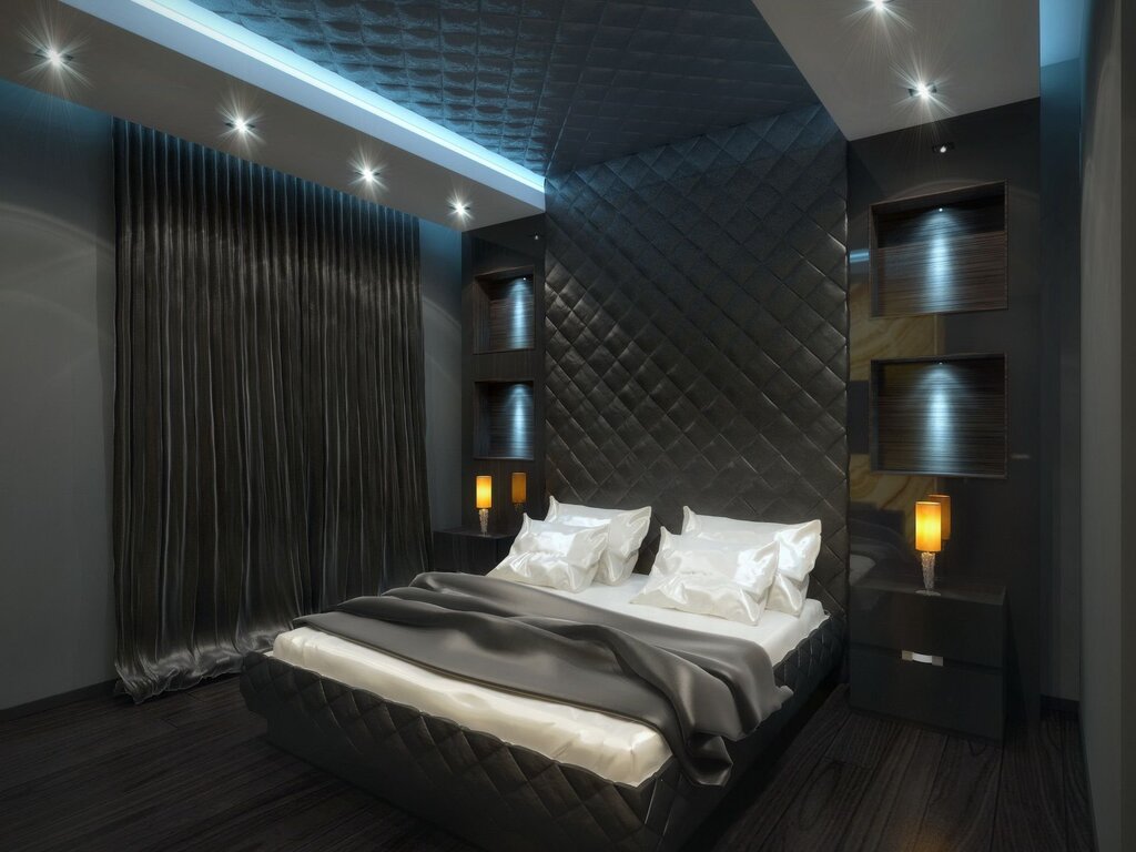 Black ceiling in the bedroom interior