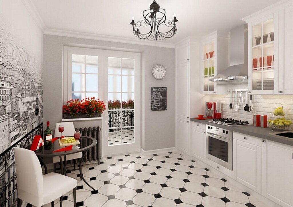 Black and white tiles in the kitchen