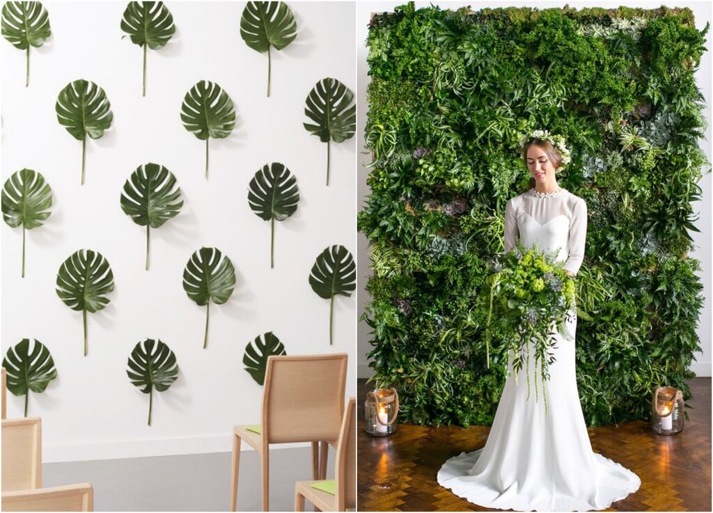 Декор стены искусственными листьями