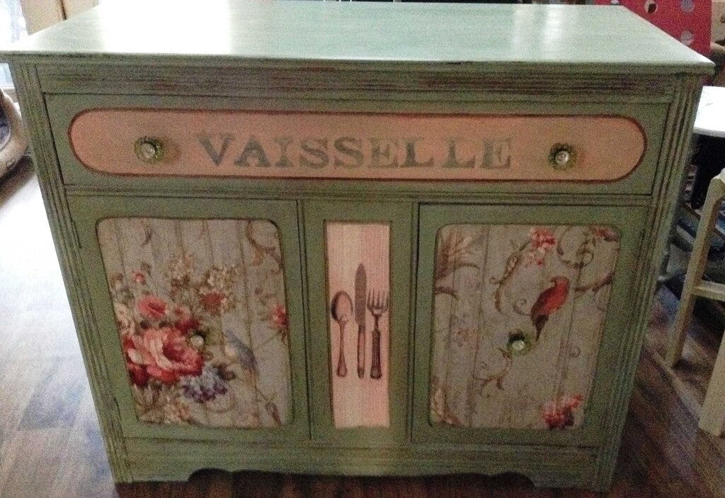 Decoupage furniture with wallpaper