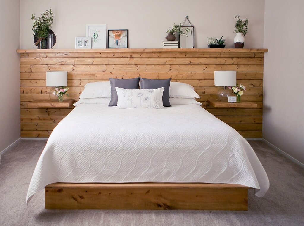 Wooden bed without a headboard