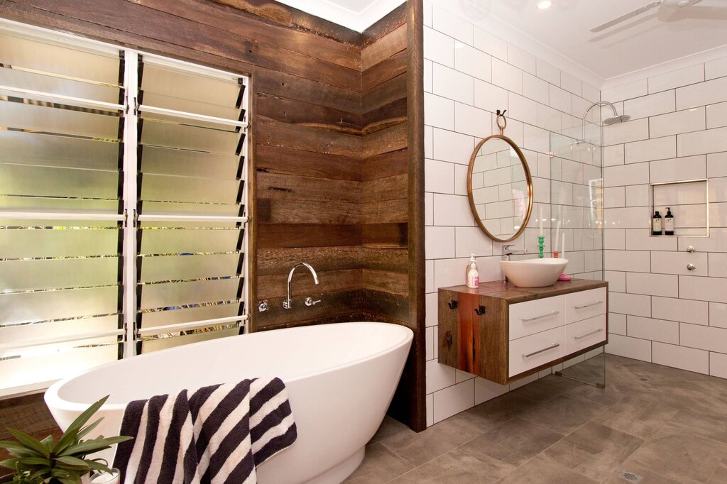 Wooden wall in the bathroom