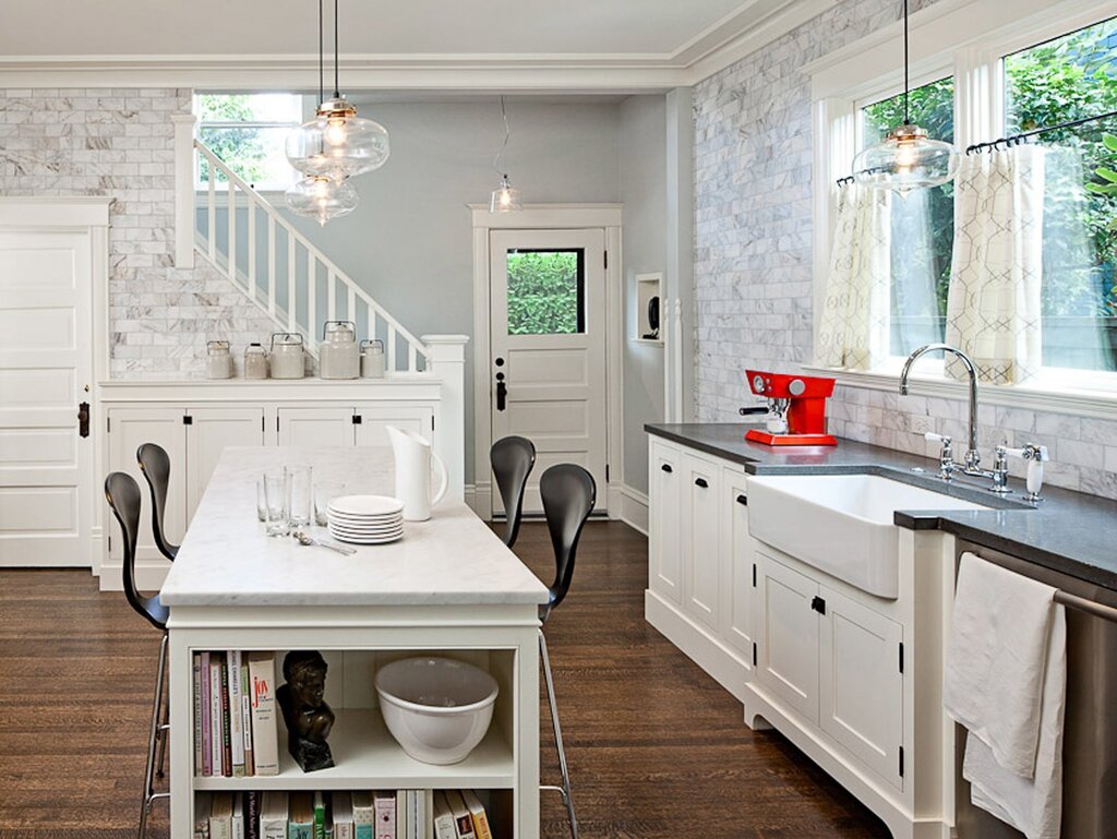 A wooden table in the kitchen interior