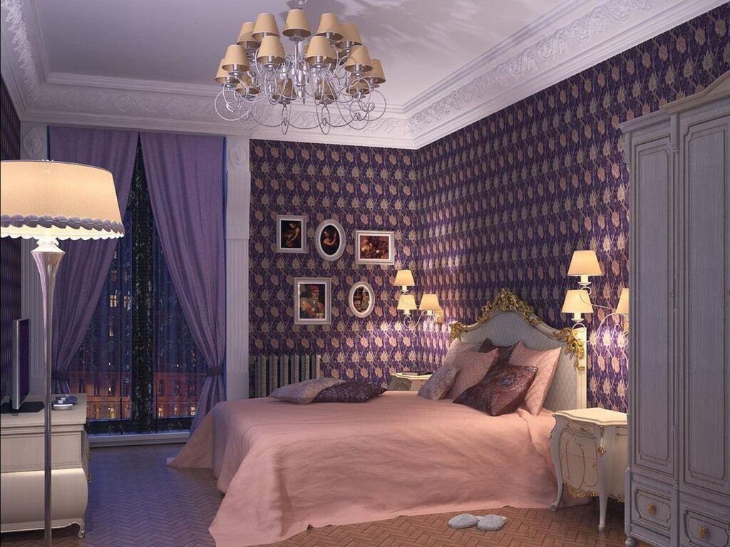 Purple wallpaper in the interior