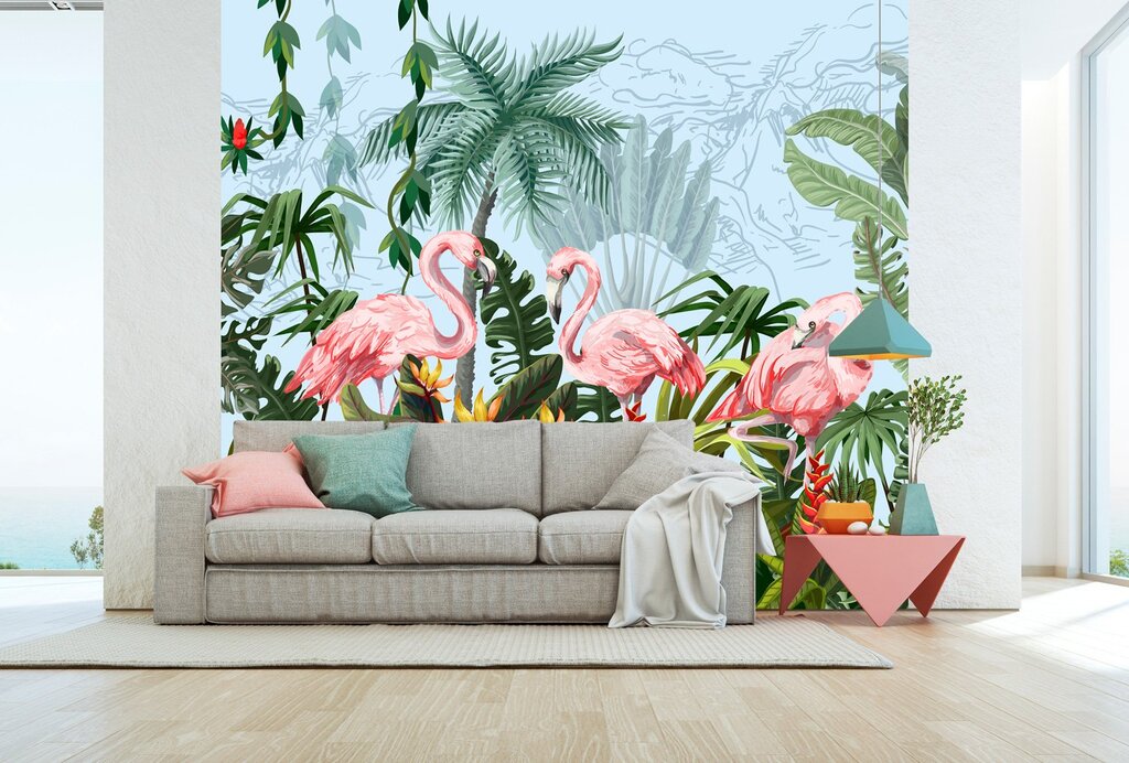 Photo wallpaper flamingos in the interior 17 фото