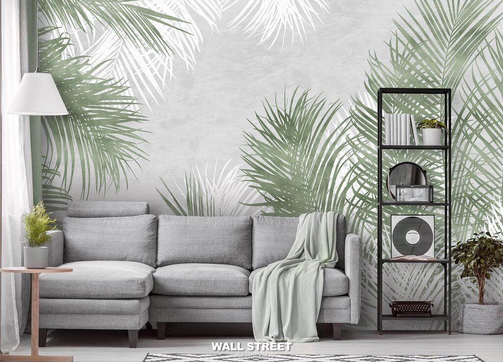 Wallpaper with grey palm leaves