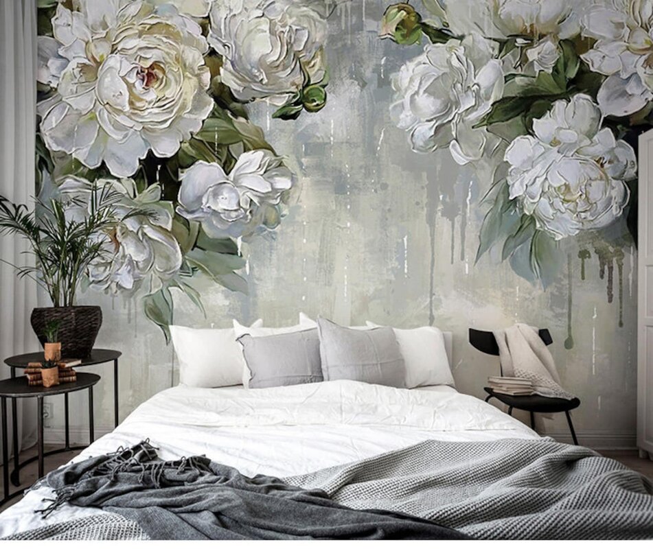 Photo wallpaper flowers on the wall in the bedroom