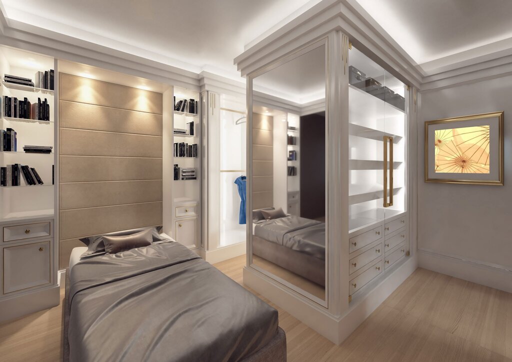 A walk-in closet in a small bedroom