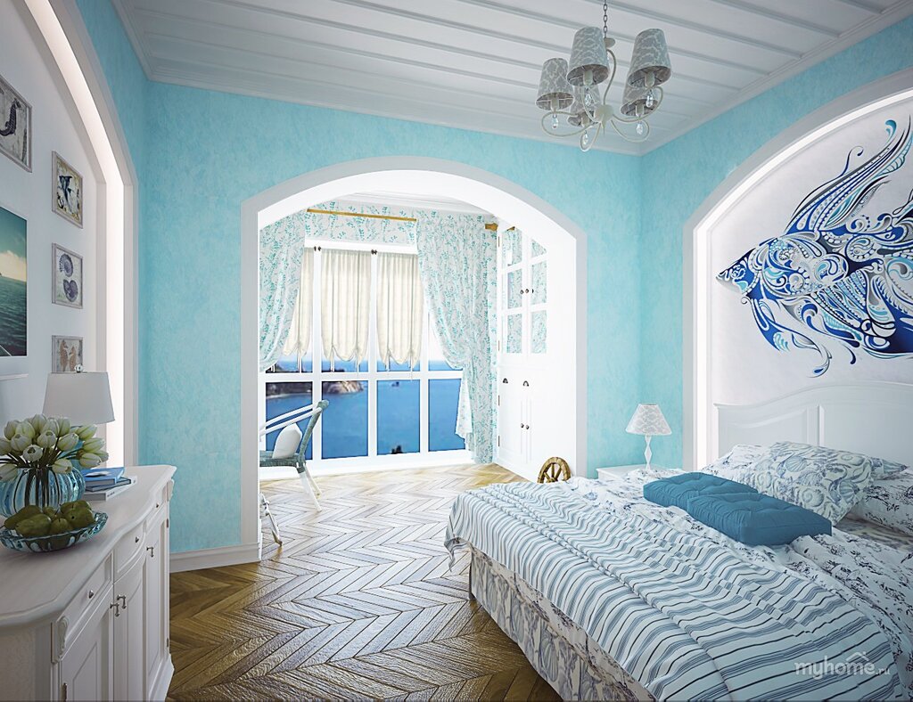 Голубые стены в спальне