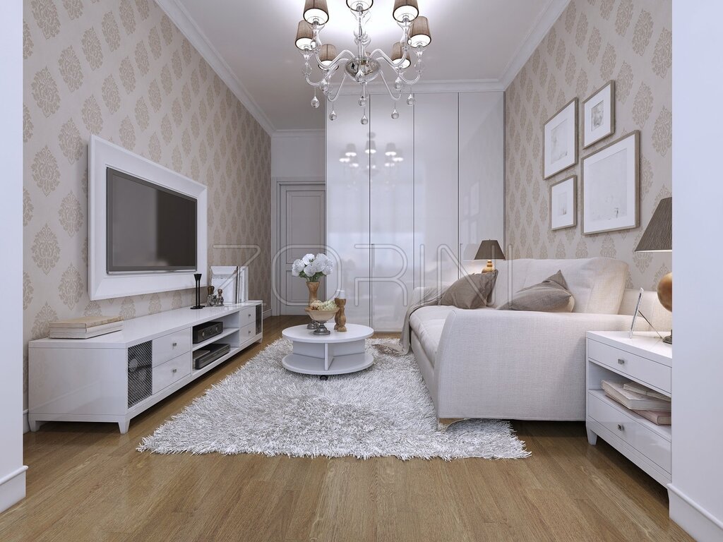 Интерьер комнаты с белой мебелью