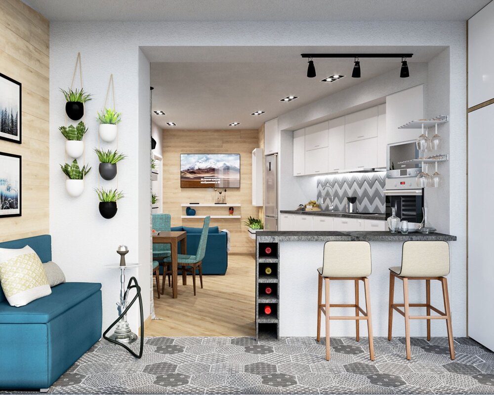 The interior of a kitchen combined with a balcony