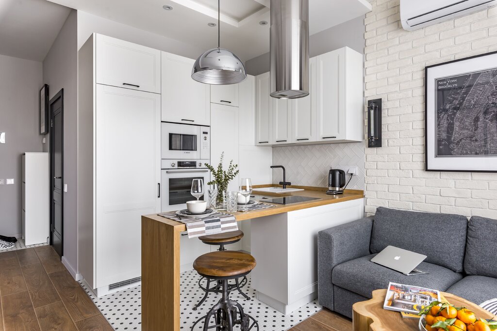 The interior of the kitchen in a one-room apartment