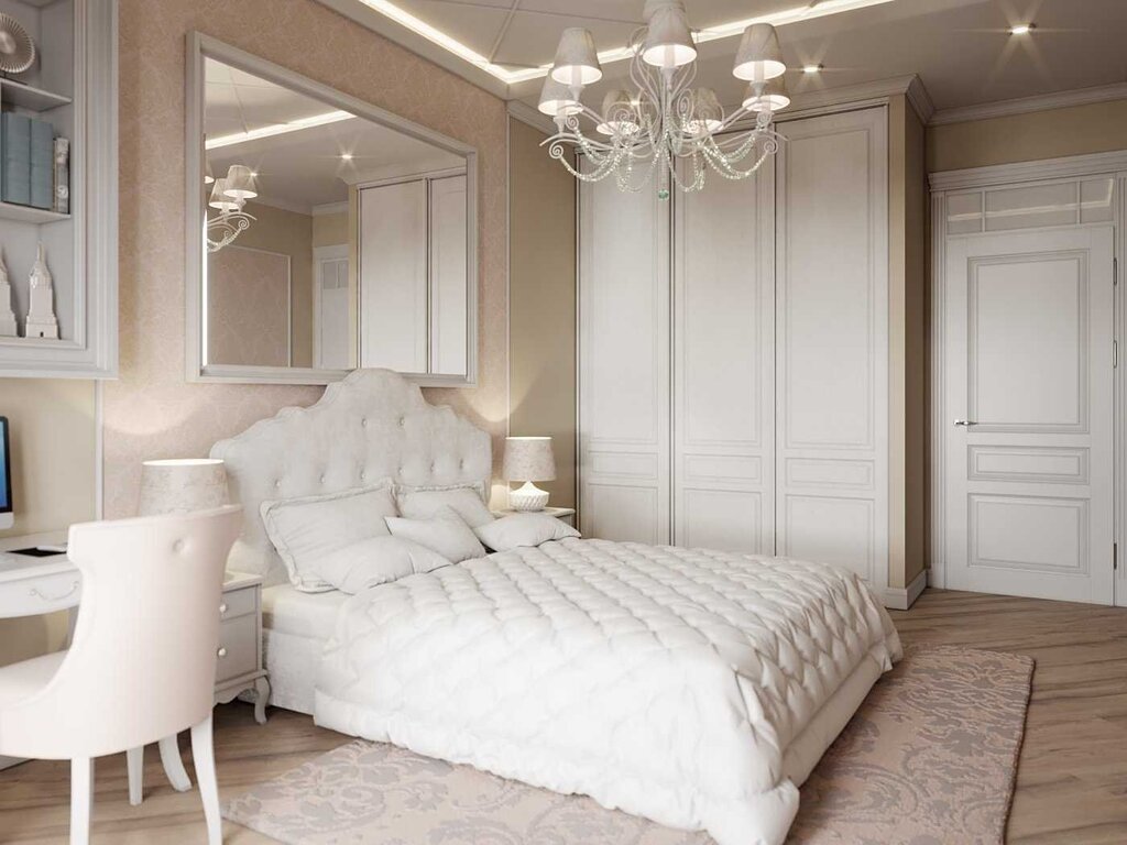 The interior of the bedroom with light-colored furniture