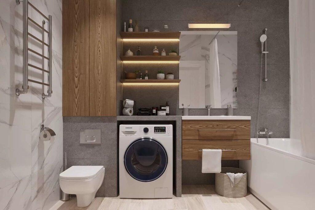Интерьер ванной комнаты со стиральной машиной