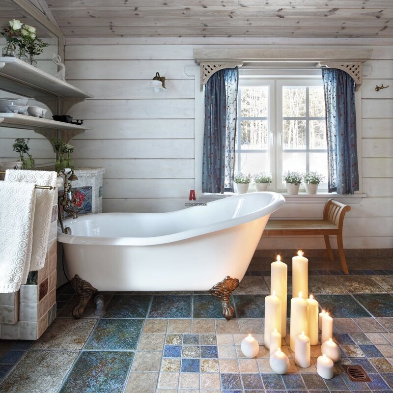 The interior of the bathroom in a wooden house