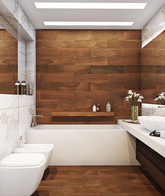 Bathroom interior with wood-look tiles