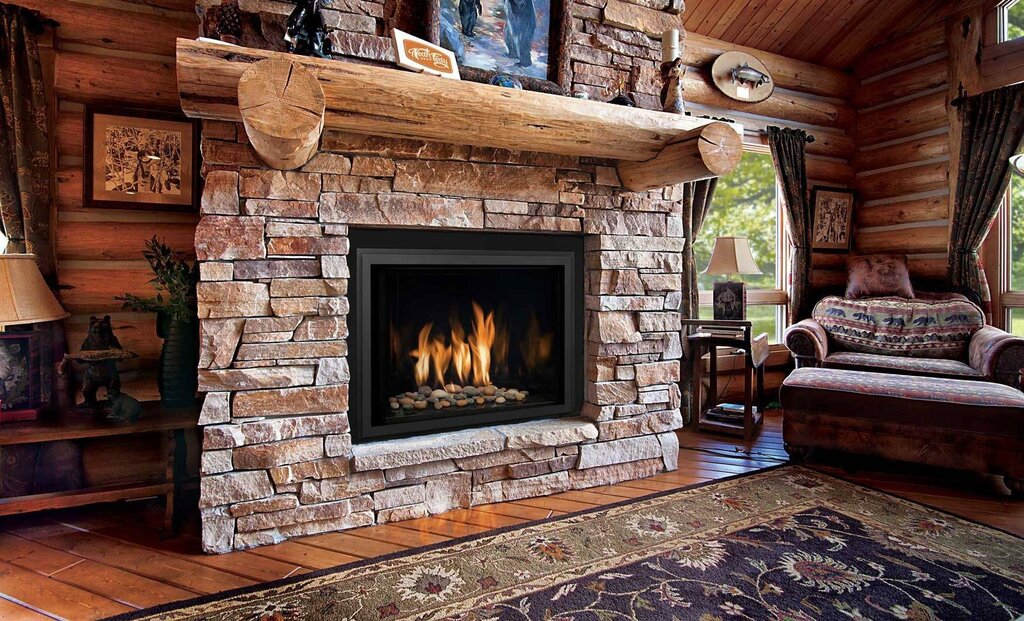 A brick fireplace in a wooden house