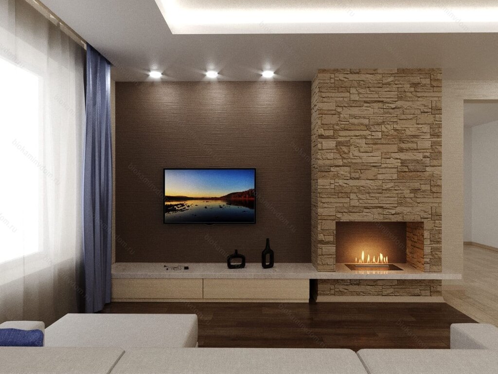 A fireplace in the living room of the apartment