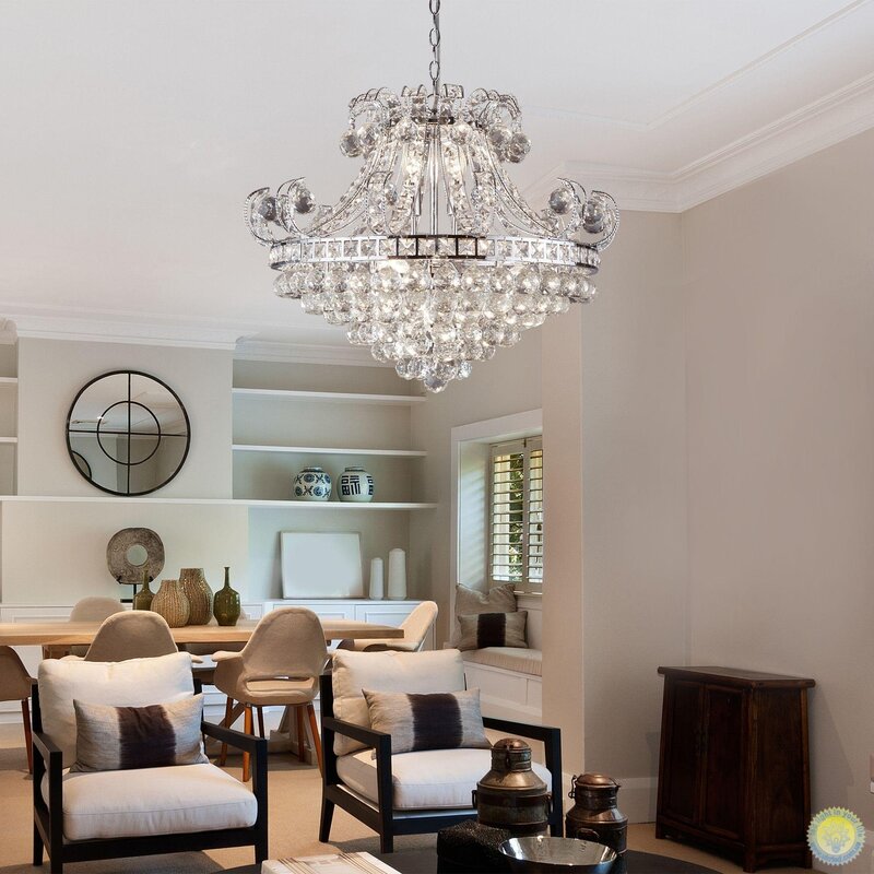 A crystal chandelier in a Scandinavian interior