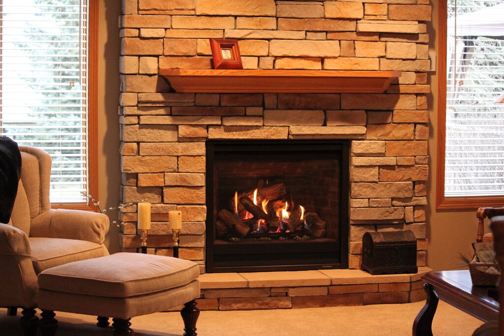 Brick fireplace in the interior