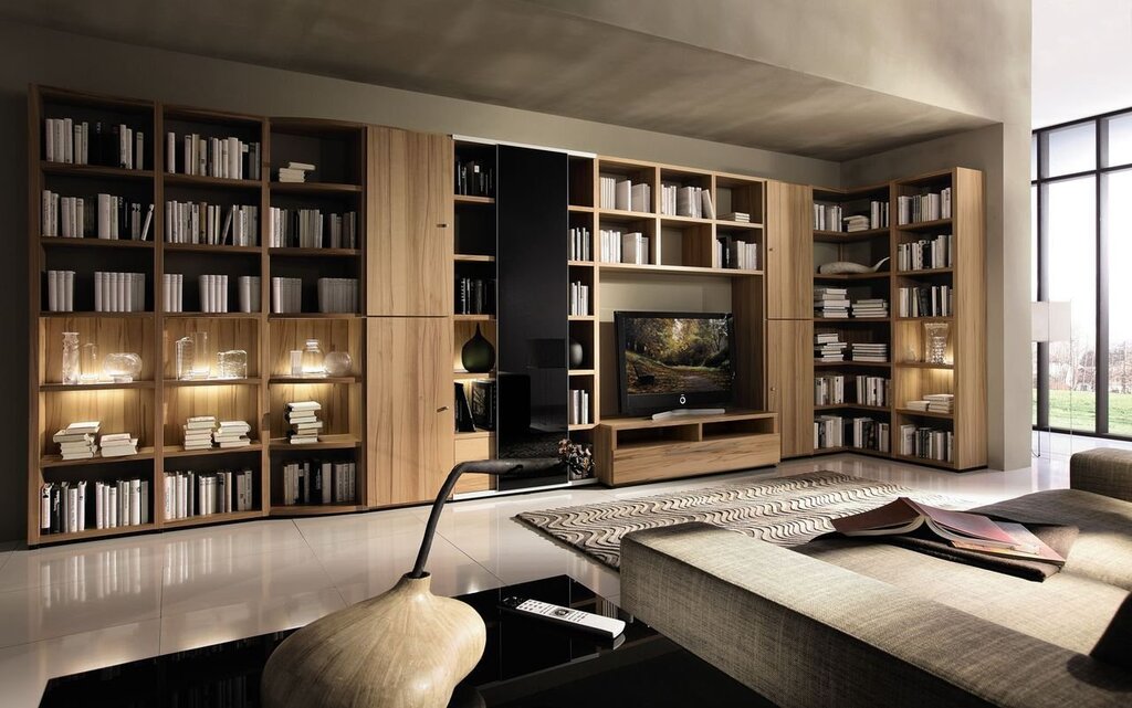 Bookshelves in the living room interior