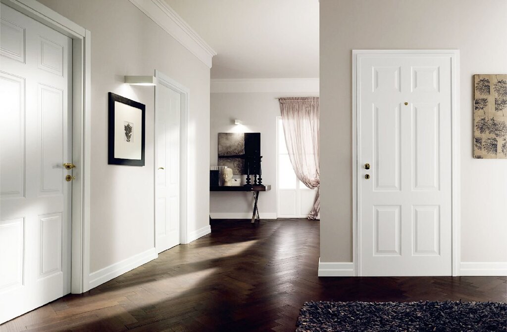 Brown floor, white doors