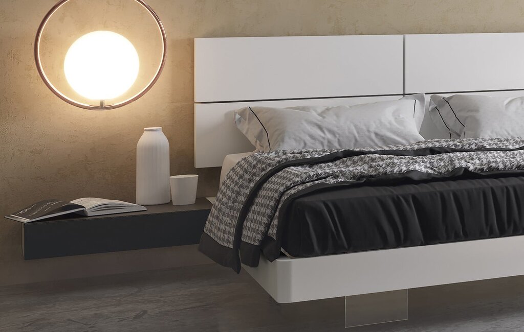 Bed with hanging nightstands