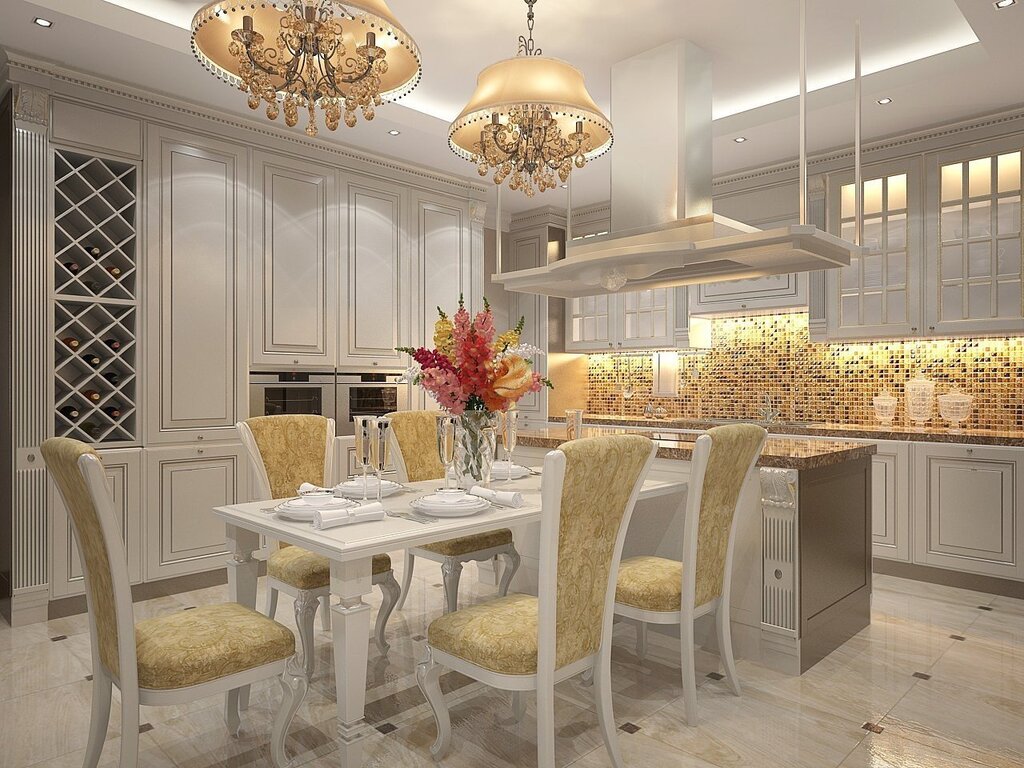 Kitchen living room in white and gold