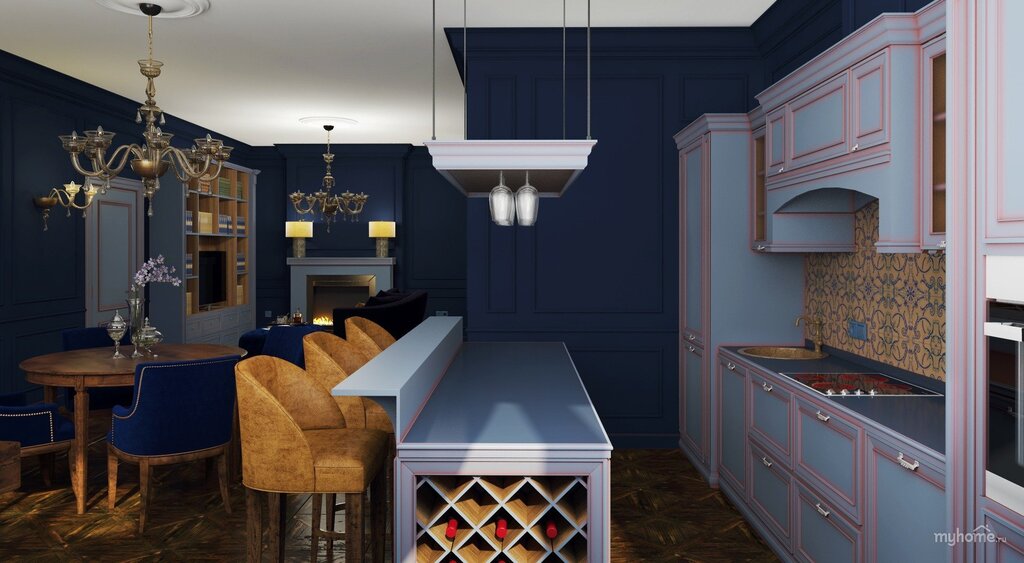 The kitchen-living room in blue tones