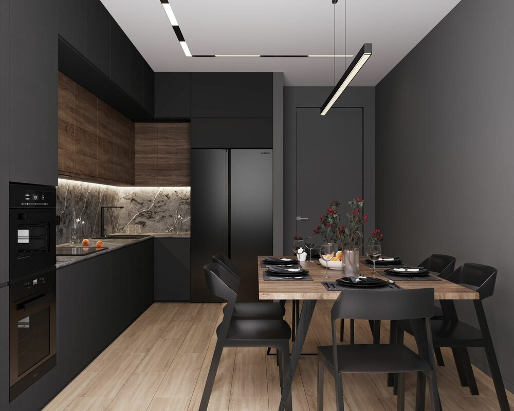 Graphite-colored kitchen in the interior