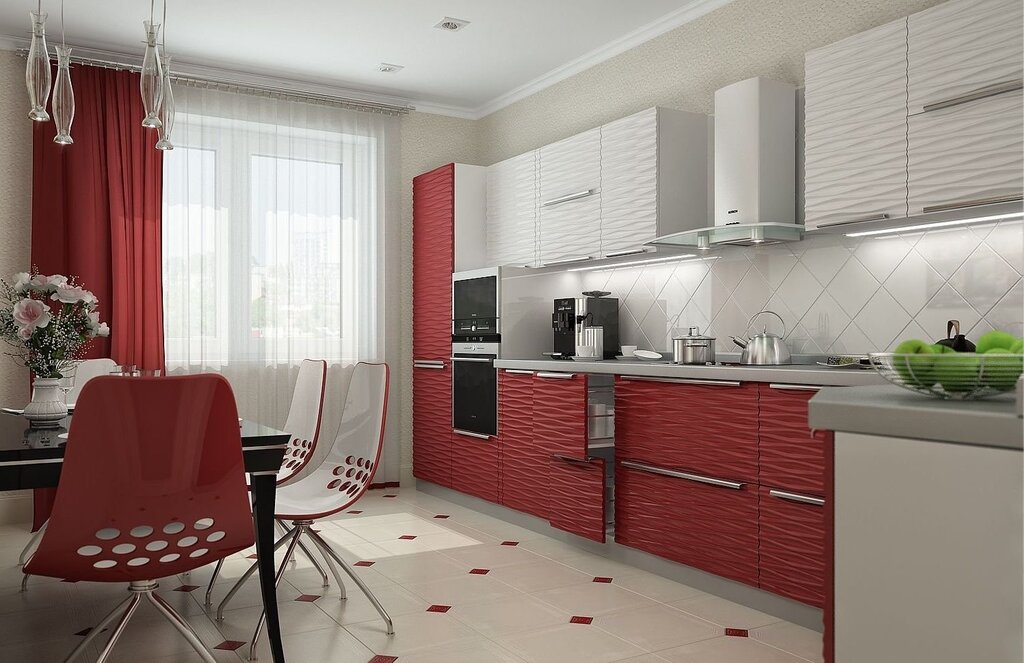 The kitchen has a red bottom and a white top