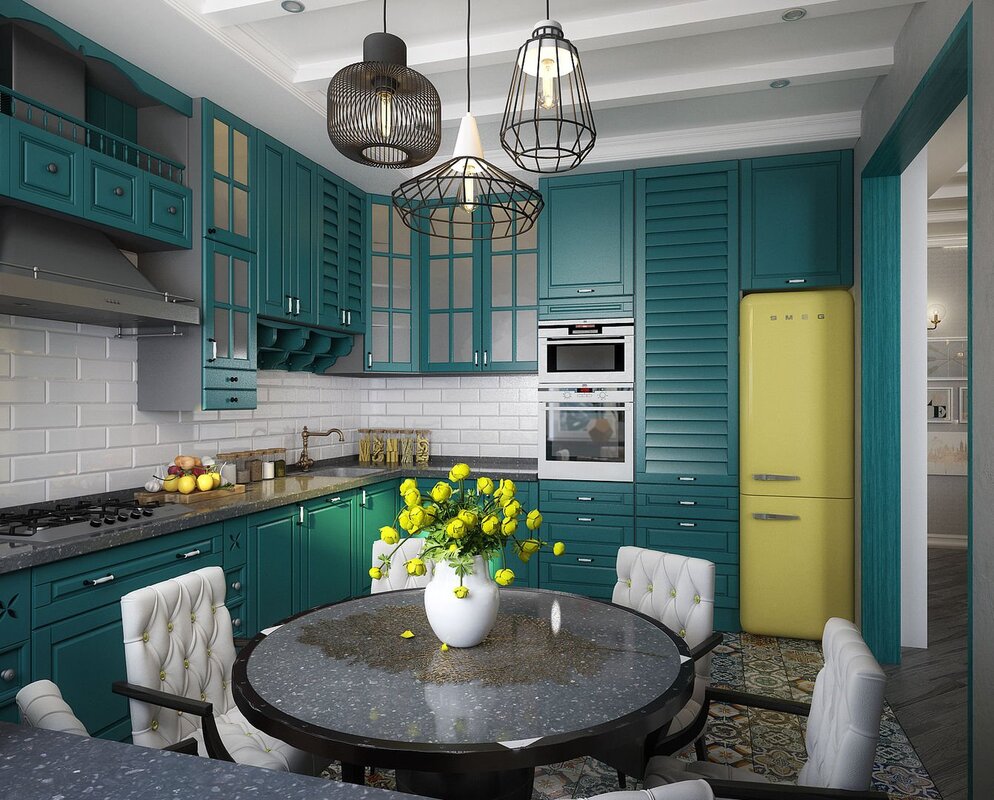 A kitchen with emerald accents