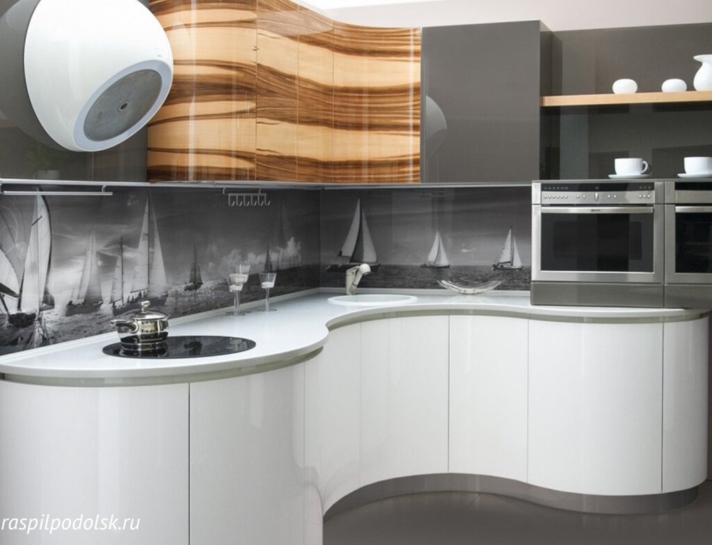 A kitchen with rounded corners