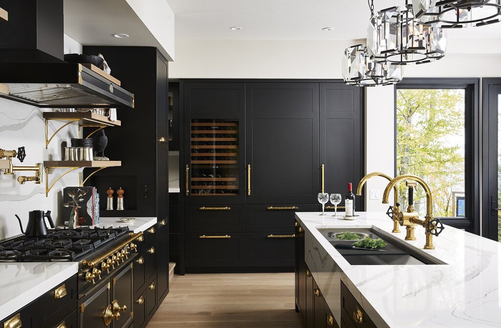 Kitchen with golden handles