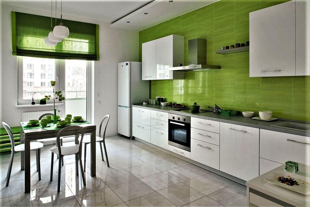 The kitchen is light green with white 49 фото