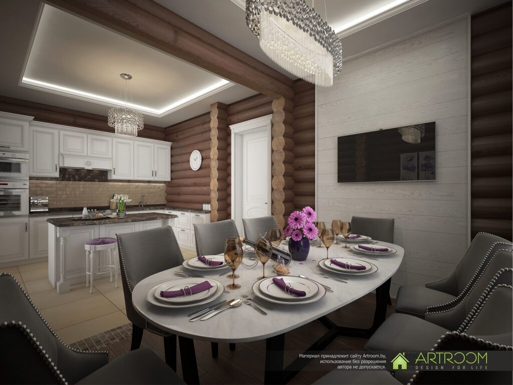 The kitchen in a house made of rounded logs