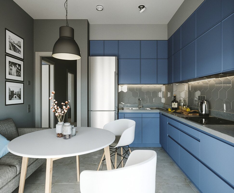 A kitchen in gray-blue tones