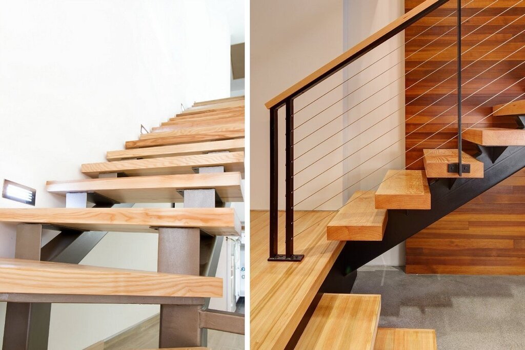 A metal staircase clad in wood