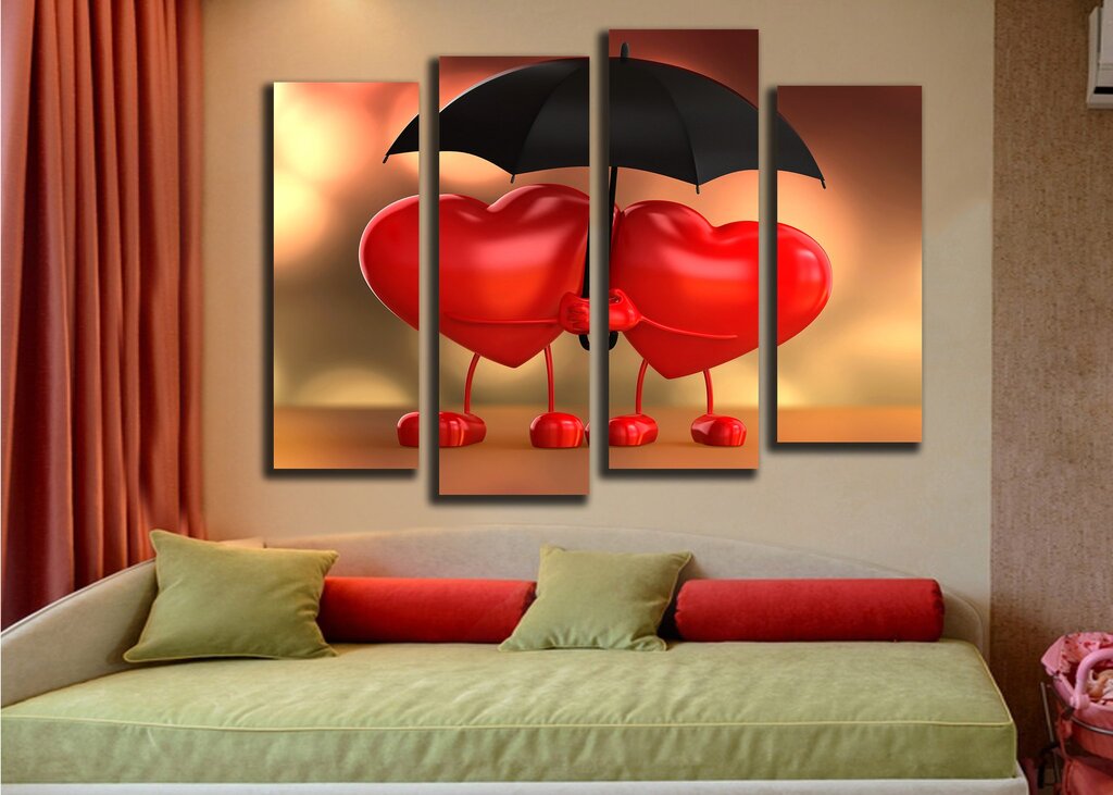 Modular paintings in the bedroom interior