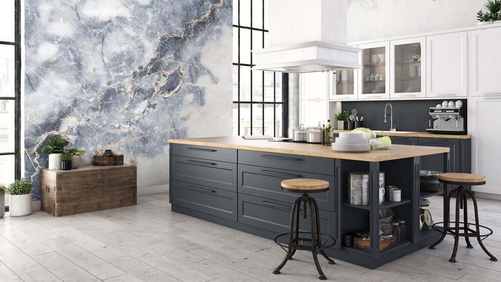 Marble and wood in kitchen interior