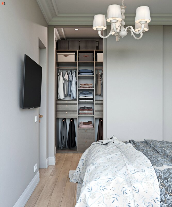 A small walk-in closet in the bedroom